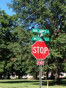 Street sign on the corner of Brunswick and Bob James Lane.